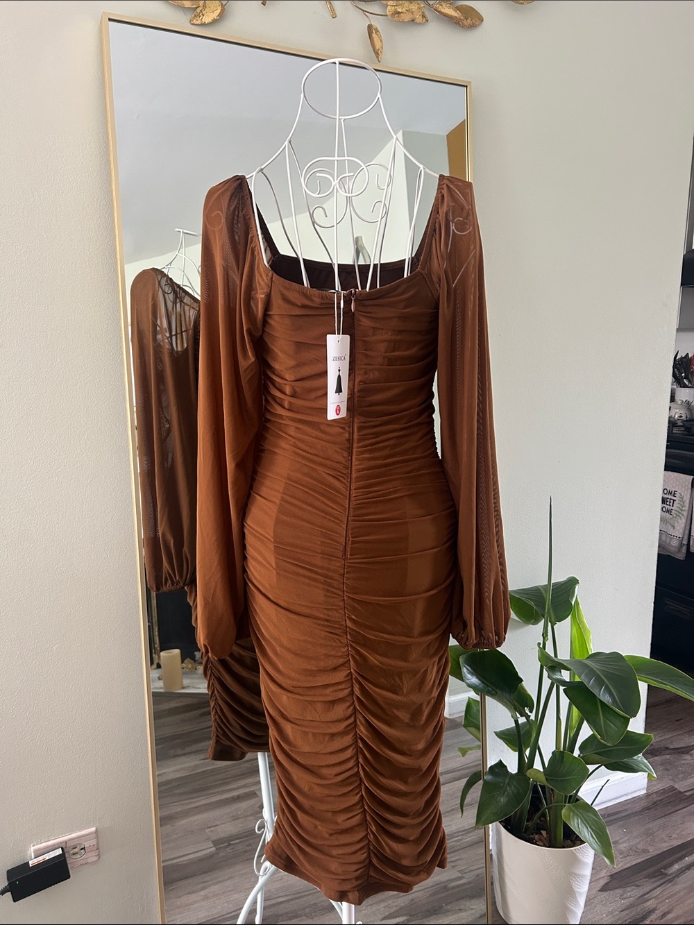 Chestnut Ruched Midi Dress with Square Neckline